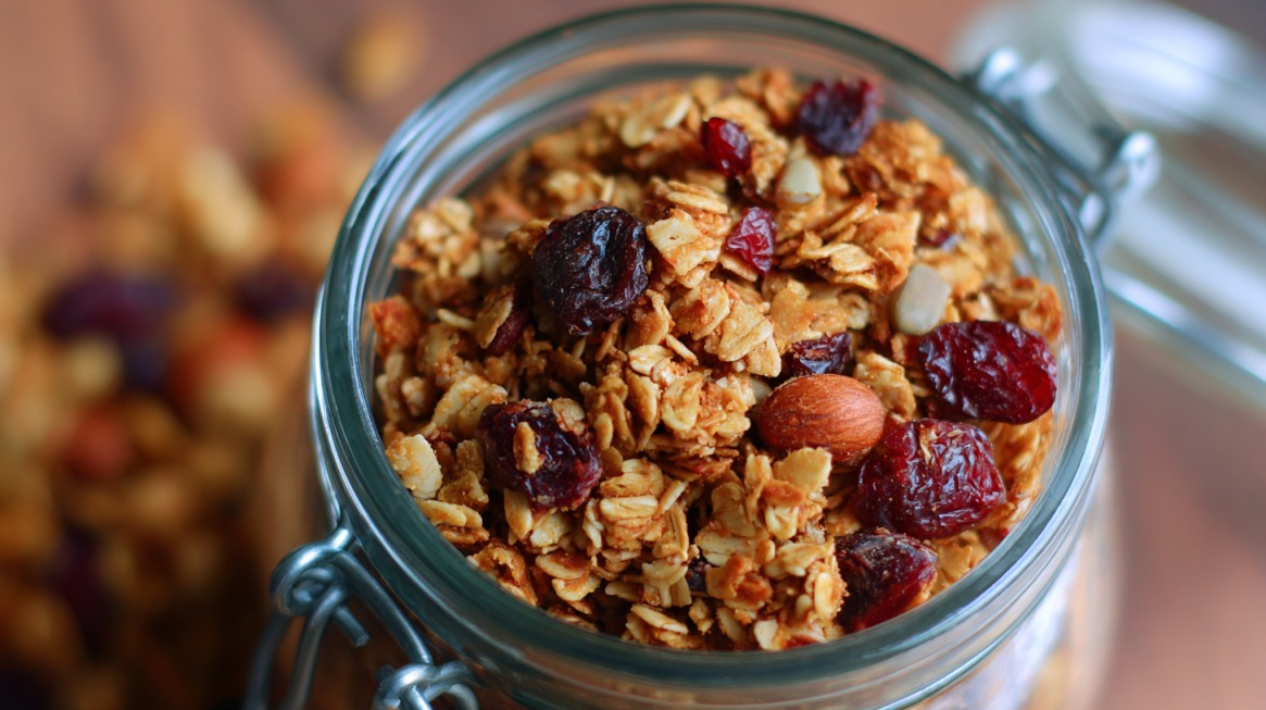 A close-up of a jar filled with homemade granola made with oats, almonds, sunflower seeds, and dried cranberries