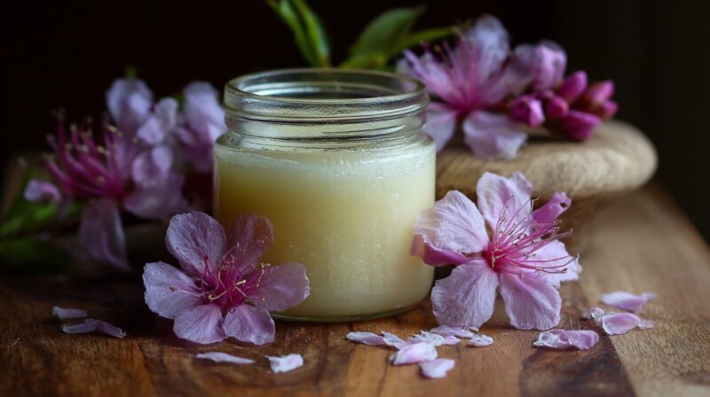 A glass jar filled with natural coconut oil deodorant surrounded by delicate pink flowers on a wooden surface