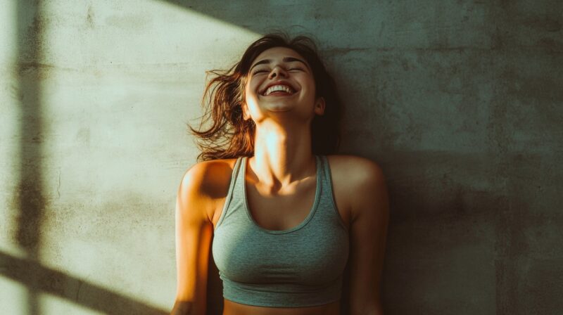 A woman in a sports bra smiling broadly while leaning against a wall, illuminated by natural light