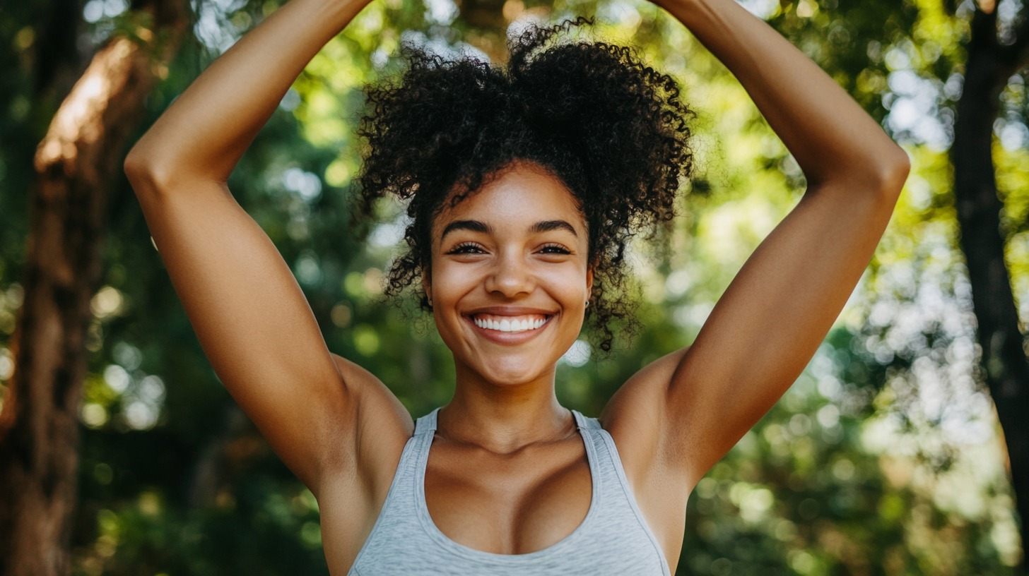 A joyful young woman in a gray sports bra smiles widely while raising her arms in a natural outdoor setting, surrounded by greenery