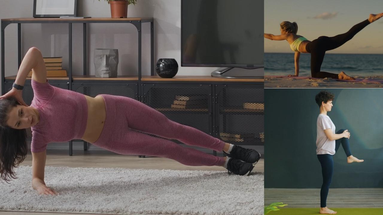 Woman demonstrating hip and shoulder mobility exercises in a clean gym: side plank, bird-dog, and one-leg balance, all with strong posture and proper form