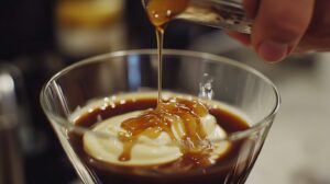 Close-up of caramel sauce being poured over whipped cream in a glass of iced coffee