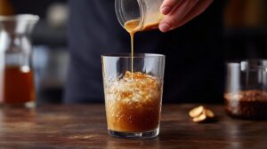 Close-up of caramel sauce being poured into a glass of iced coffee, with crushed ice and a rich, creamy texture