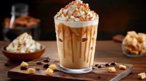 A tall glass of caramel iced latte with whipped cream and caramel drizzle, served on a wooden board with coffee beans and croutons