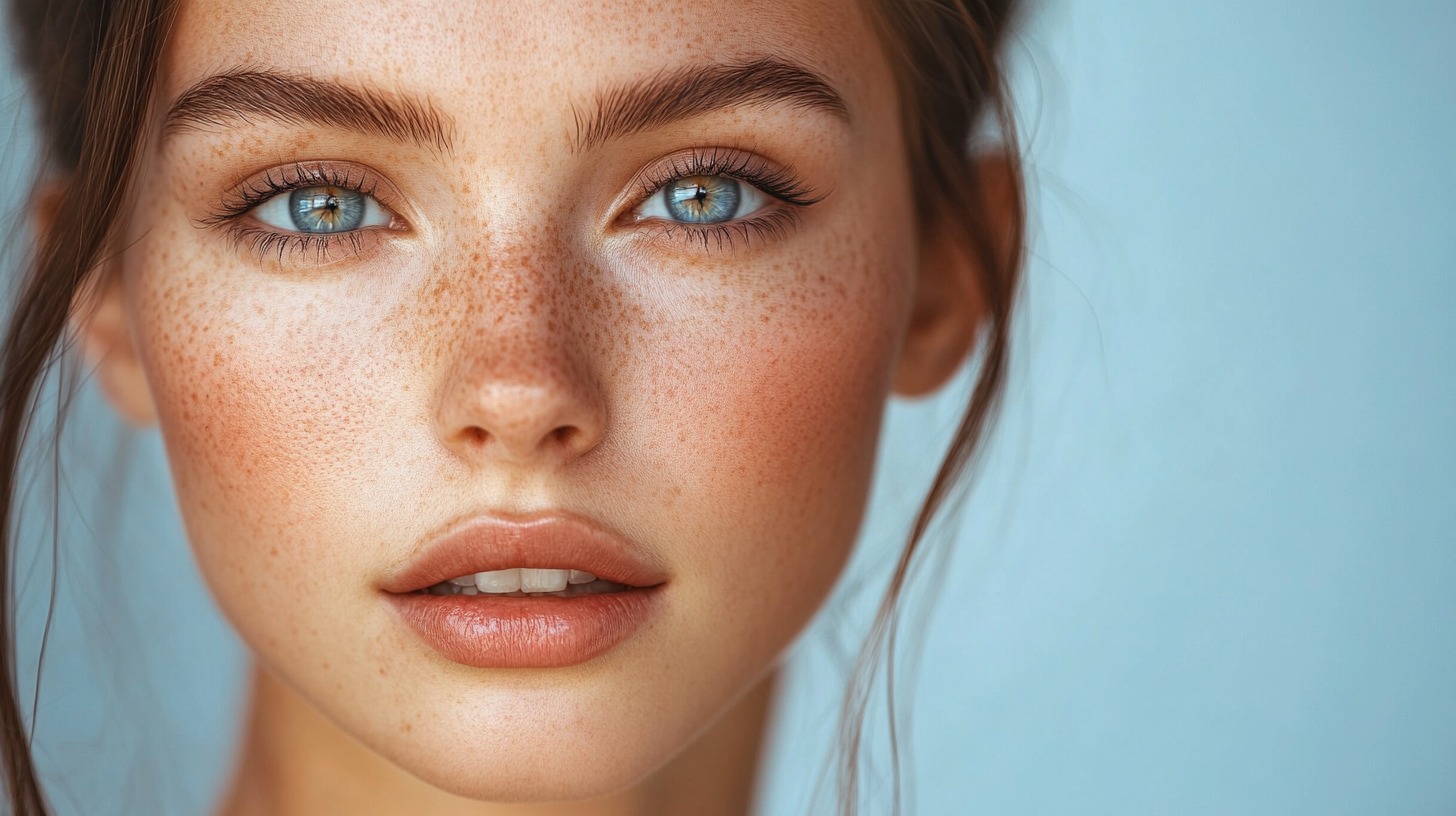 Close-up of a woman with glowing skin and freckles, looking directly at the camera