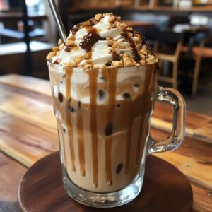 A delicious iced caramel latte topped with whipped cream, caramel drizzle, and crushed nuts, served in a glass mug with a straw