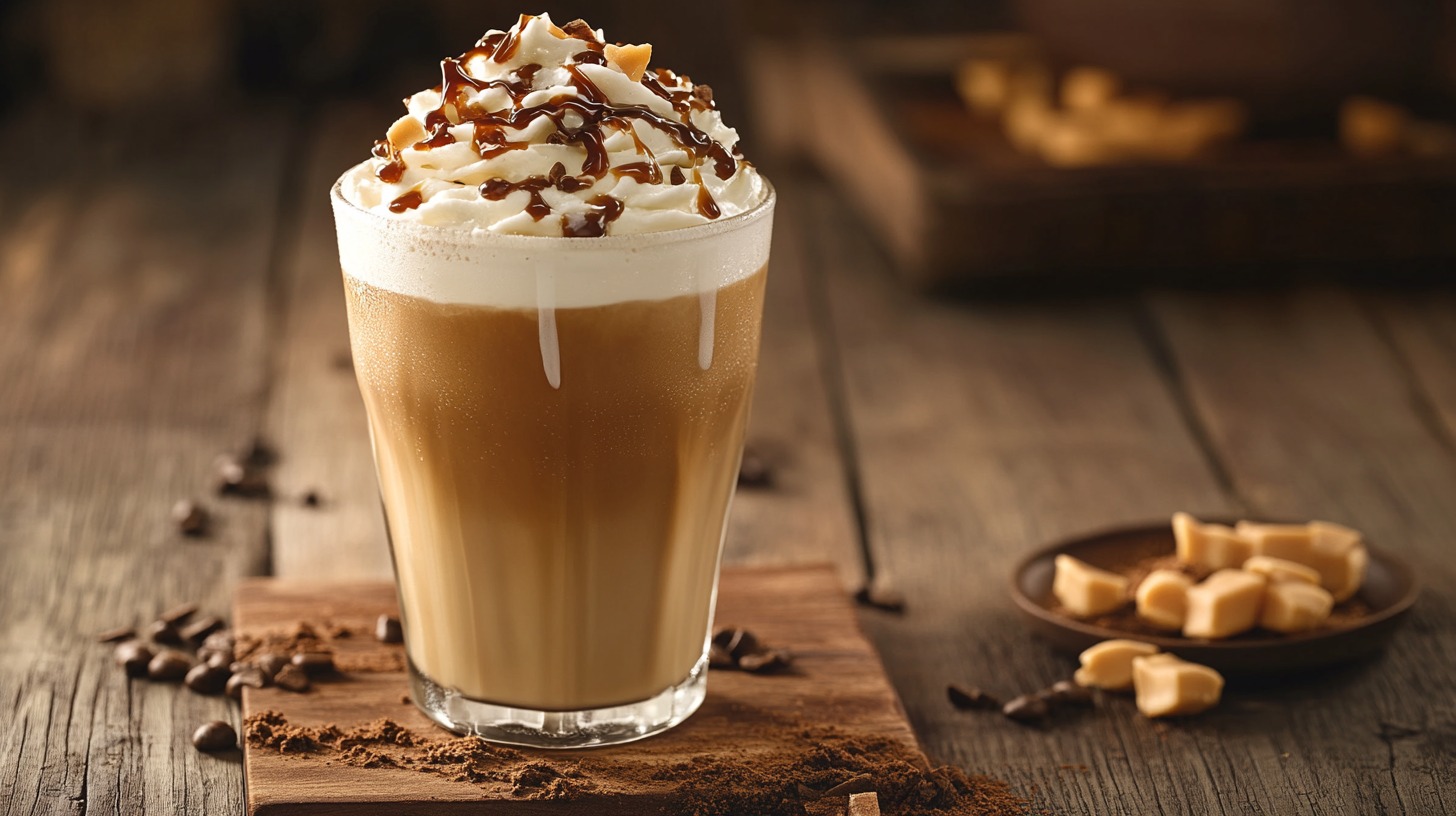 A glass of caramel iced latte topped with whipped cream and caramel drizzle, served on a rustic wooden table with coffee beans and caramel pieces