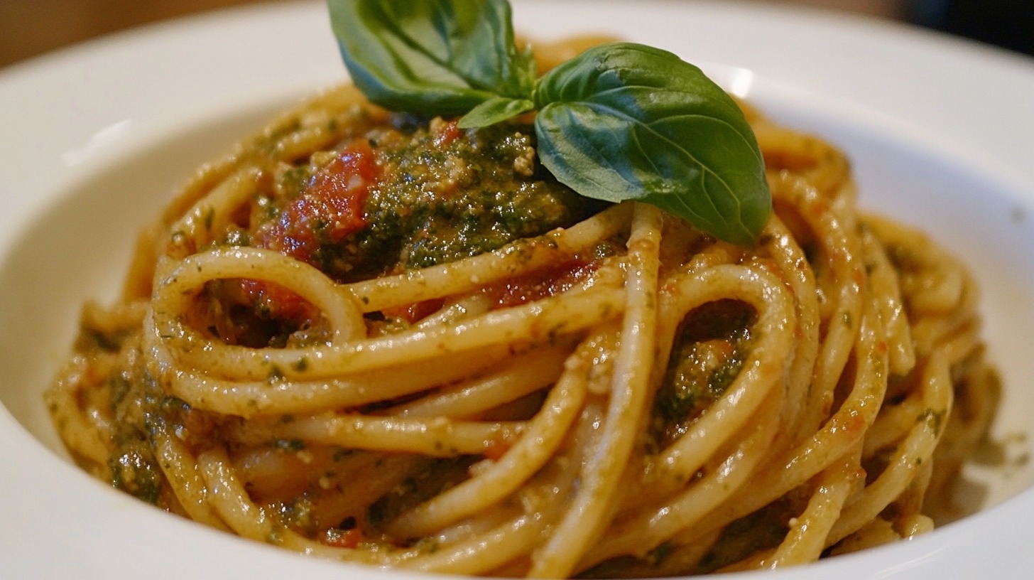 A plate of spaghetti coated in a vibrant pesto sauce, garnished with fresh basil leaves