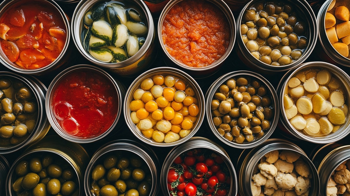 A top-down view of several open tin cans filled with various preserved foods, including olives, tomatoes, garlic cloves, and pickled vegetables, neatly arranged