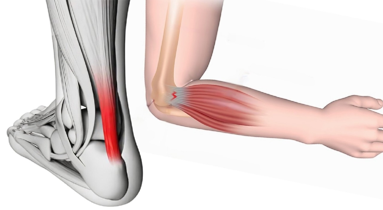 Illustration of chronic tendon injuries, including Achilles tendinopathy and tennis elbow