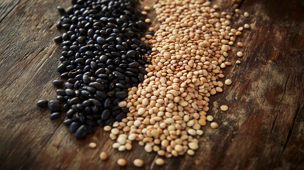 A close-up of black and beige lentils spread across a wooden surface, representing a mix of grains and legumes