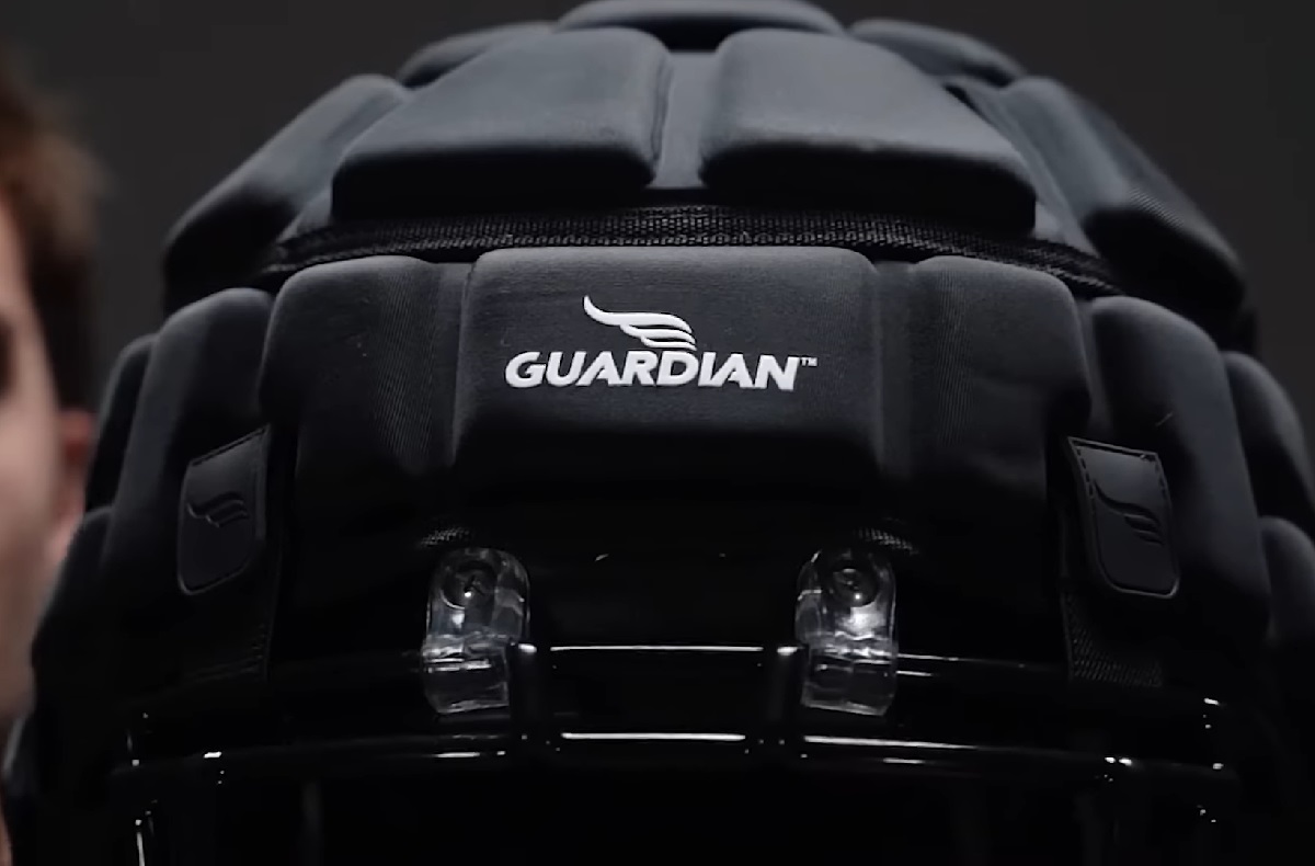 Close-up of a Guardian Cap, a protective helmet cover designed to reduce the impact of head injuries in sports