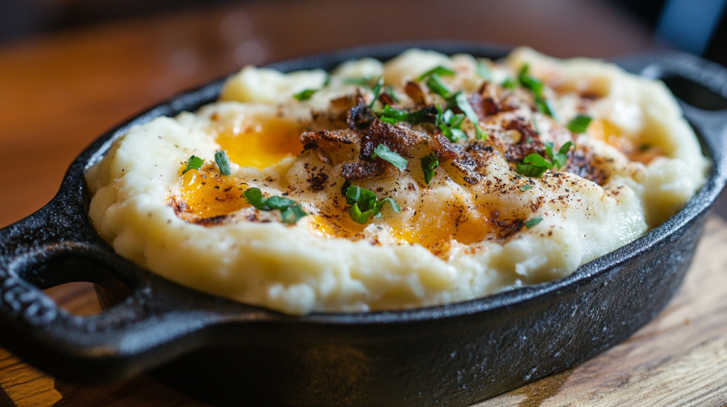 A skillet filled with creamy mashed potatoes topped with crispy bacon, fresh herbs, and melted butter