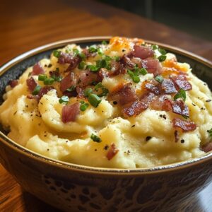 A bowl of mashed potatoes topped with crispy bacon, melted cheese, and fresh chives on a wooden table