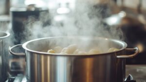 A steaming pot of boiling potatoes in a stainless steel pot on a stovetop