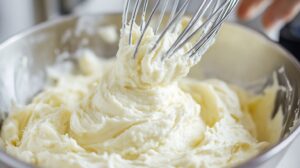 A whisk mixing smooth, fluffy mashed potatoes in a stainless steel bowl