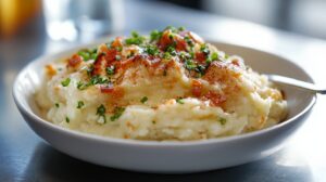 A bowl of creamy mashed potatoes garnished with bacon, chives, and a sprinkle of paprika, served with a spoon