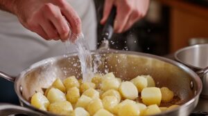 Close-up of hands sprinkling salt over boiled potatoes in a stainless steel pan