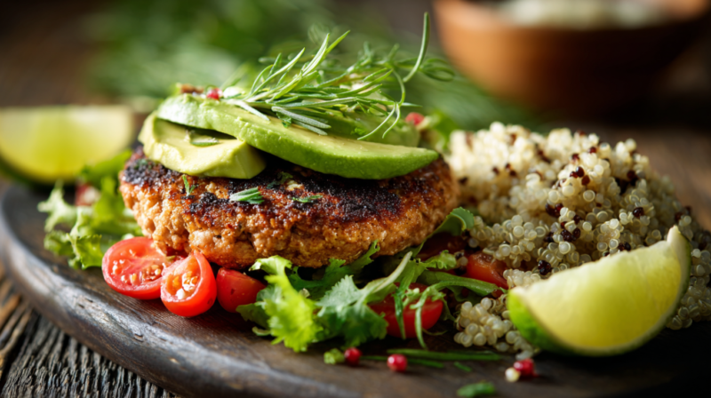 A juicy turkey burger topped with avocado, served with fresh salad, quinoa, and a wedge of lime on a rustic wooden plate