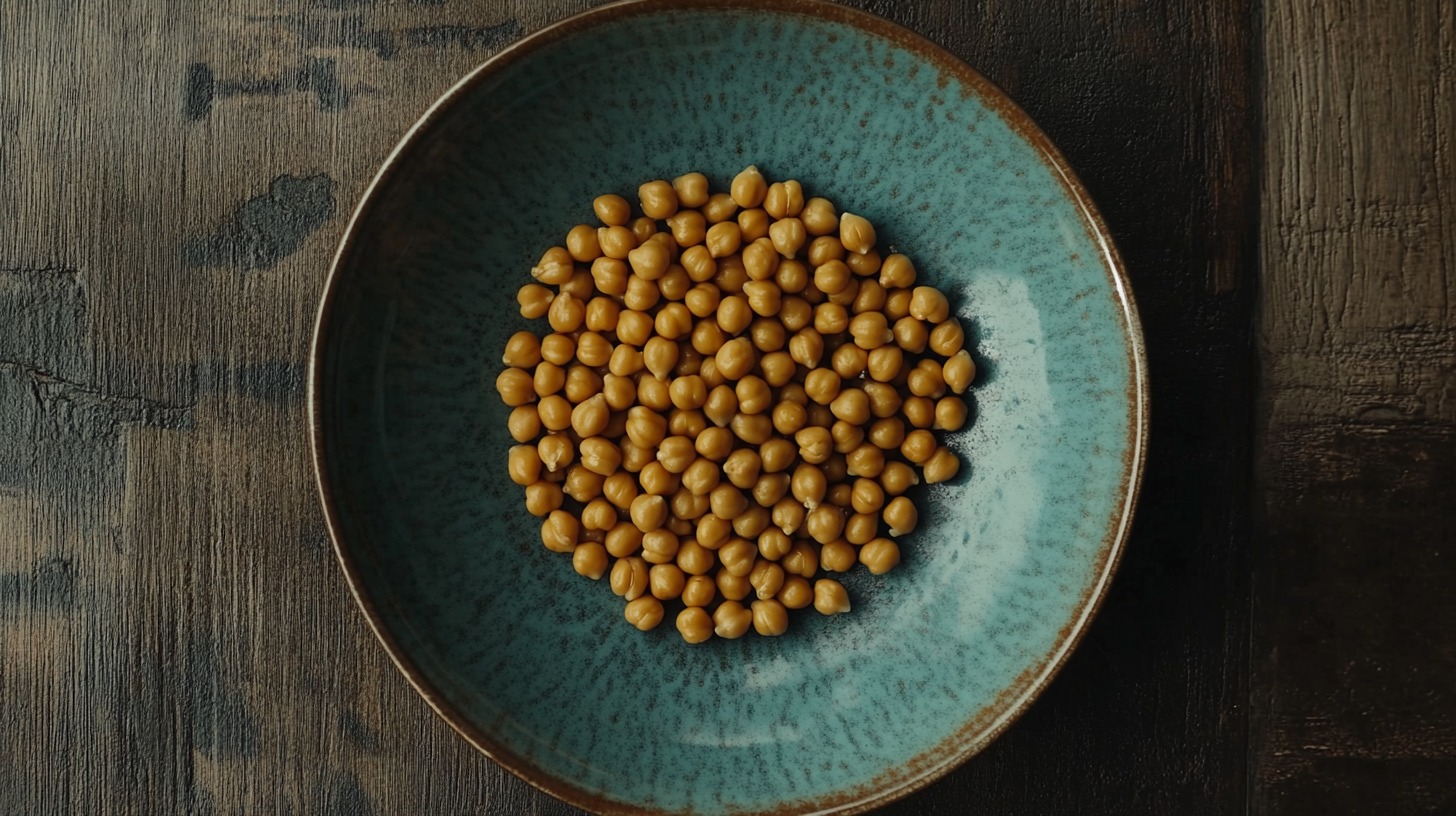 A blue ceramic plate filled with cooked chickpeas sits on a rustic wooden table, emphasizing plant-based protein sources