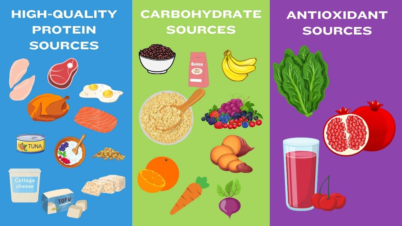 A colorful infographic displaying high-quality protein, carbohydrate, and antioxidant food sources for recovery