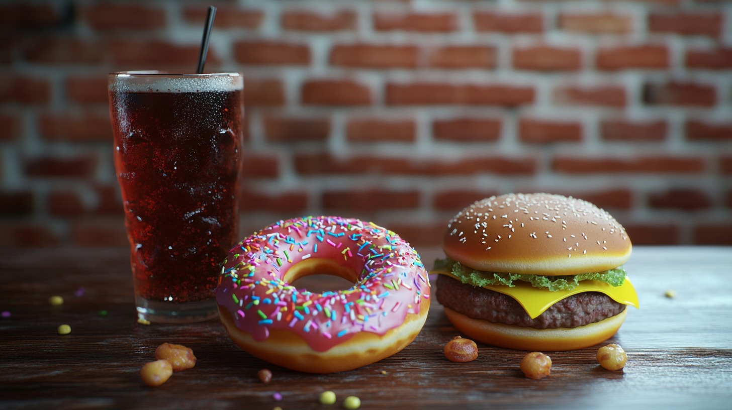 A glass of dark soda with ice, a pink frosted donut with colorful sprinkles, and a cheeseburger with lettuce and cheese sit on a wooden table against a rustic brick wall background