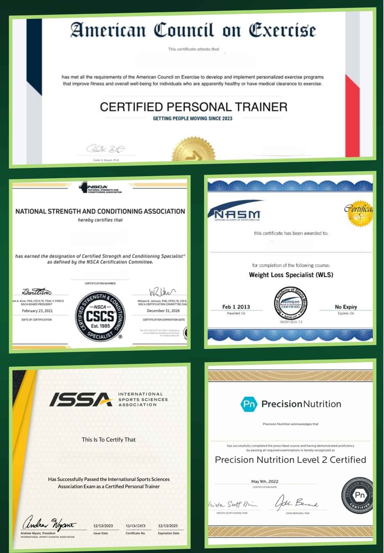 A collage of multiple fitness and nutrition certification documents from various recognized organizations, including the American Council on Exercise, NASM, NSCA, ISSA, and Precision Nutrition