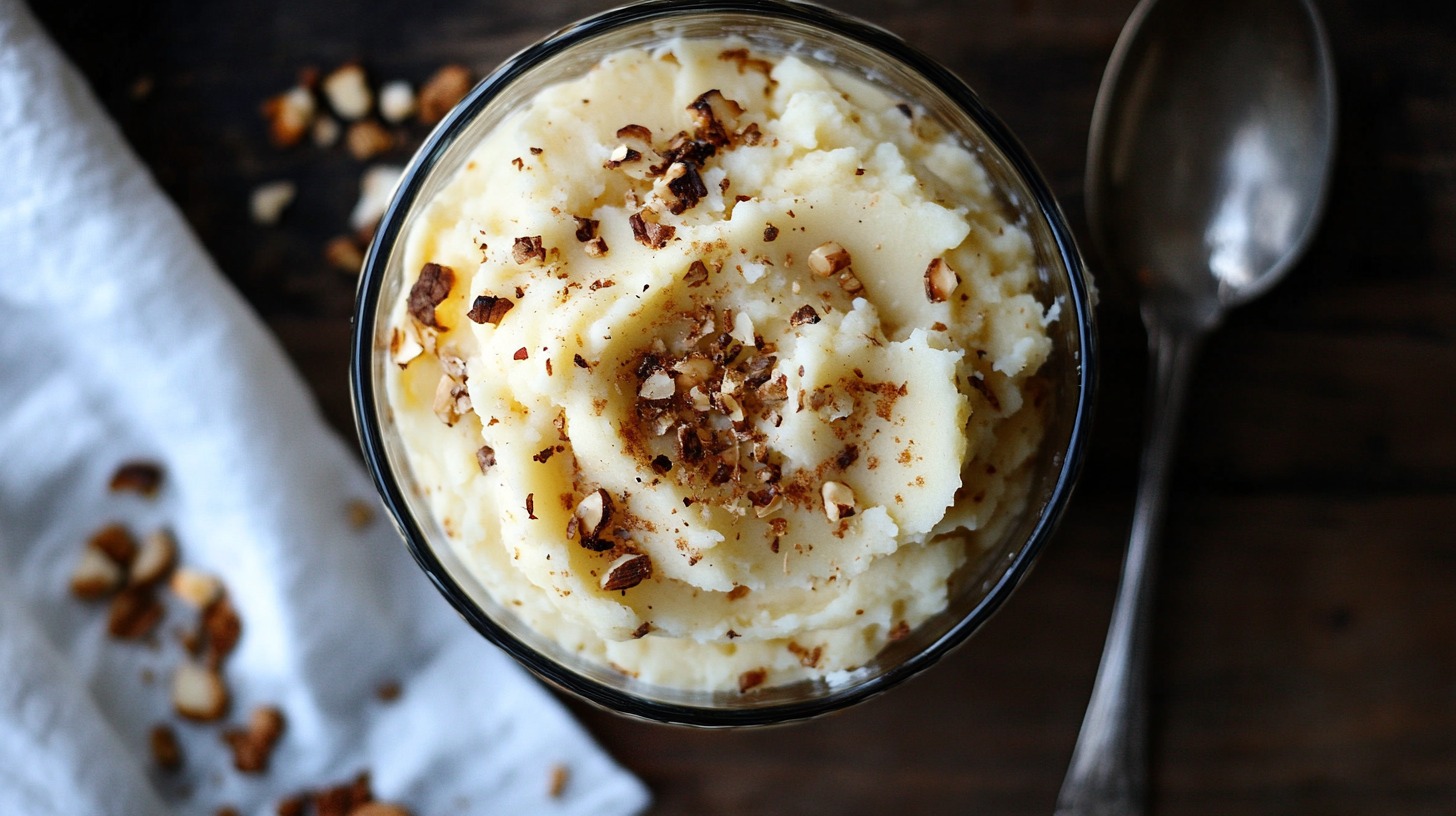 A bowl of mashed potatoes garnished with toasted nuts, accompanied by a spoon and a white napkin