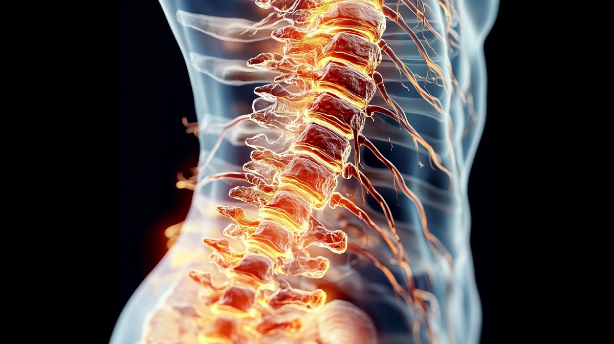 Illustration of a spinal cord injury caused by a fall or impact