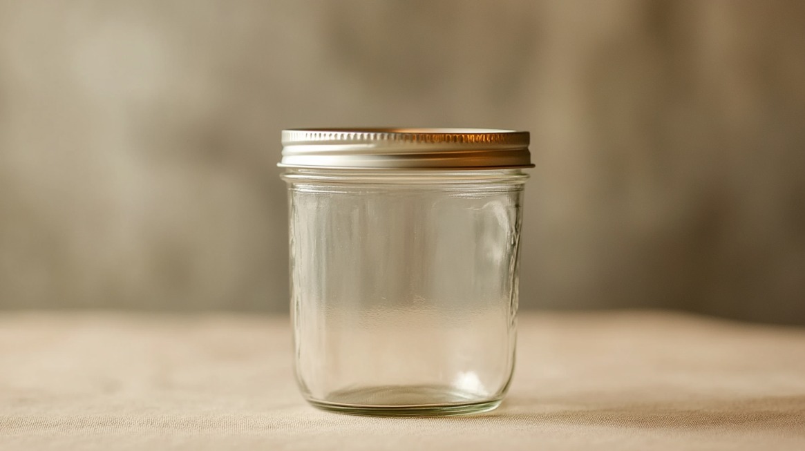 A single empty glass mason jar with a silver metal lid, placed on a neutral-colored surface with a soft, blurred background