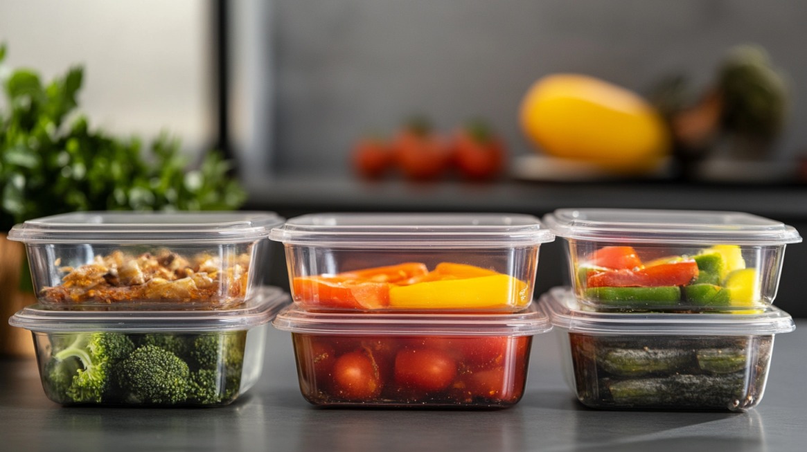 A set of clear plastic meal prep containers filled with various fresh vegetables, proteins, and meals, neatly stacked on a kitchen counter