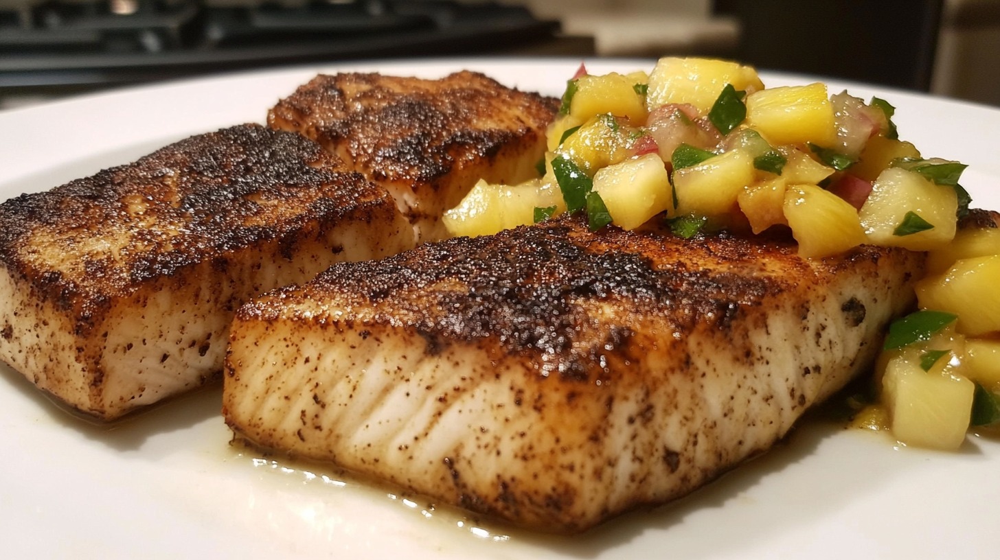 Three pieces of blackened mahi mahi fillets with a crispy, seasoned crust, served with pineapple salsa on a white plate