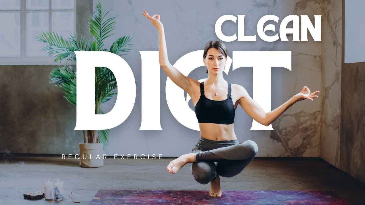 Woman meditating in a yoga pose indoors with "Clean Diet" text in background