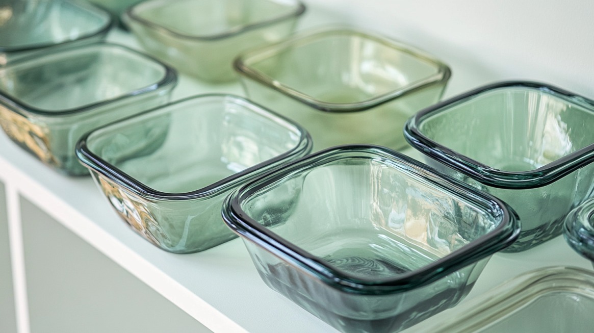 A row of transparent, square-shaped glass containers with a greenish tint, neatly arranged on a white shelf