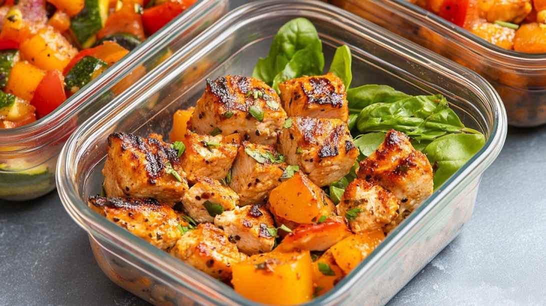 Grilled chicken with vegetables and spinach in a glass meal prep container