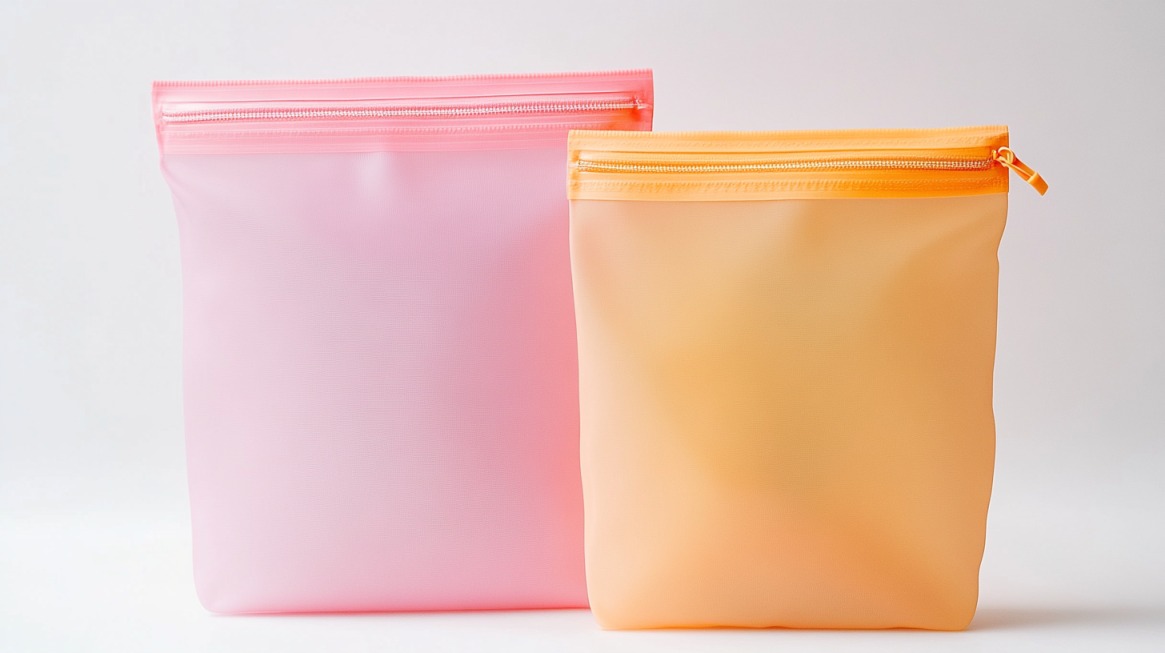 Two reusable silicone storage bags, one pink and one orange, with zip closures, standing upright on a white background