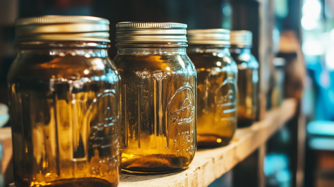 Close-up of glass mason jars filled with golden honey, neatly arranged on a wooden shelf