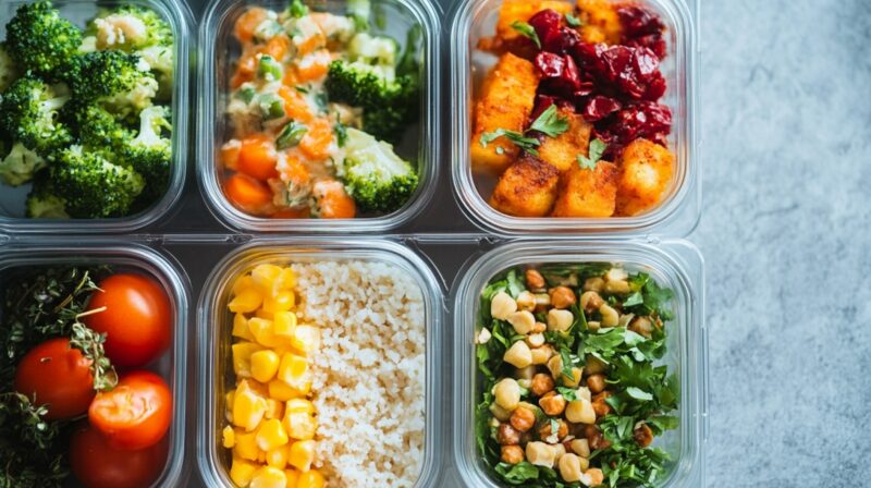 A set of clear meal prep containers filled with fresh ingredients, including broccoli, tomatoes, corn, rice, chickpeas, herbs, and crispy tofu with cranberries