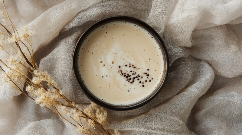 Top-down view of a creamy vanilla chai smoothie in a black bowl, garnished with spices, resting on soft beige fabric with dried flowers beside it