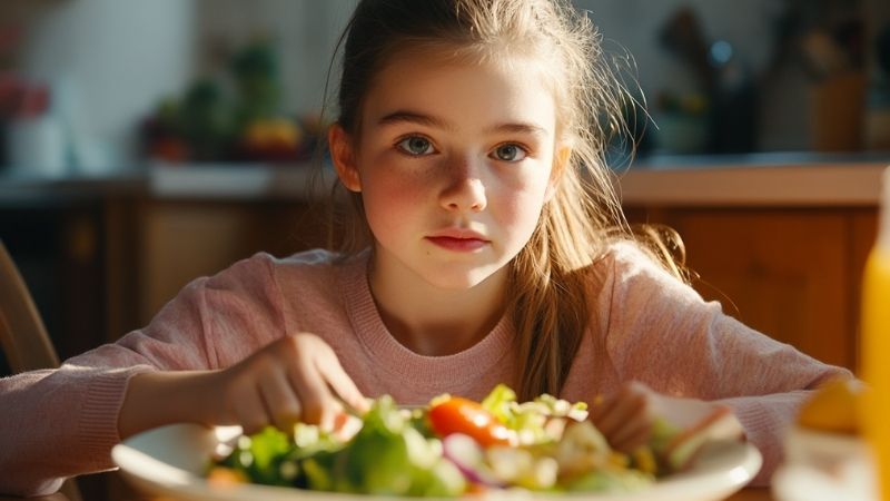 A 15-year-old girl with long brown hair, wearing a pink sweater, sitting at a table with a plate of fresh salad in front of her