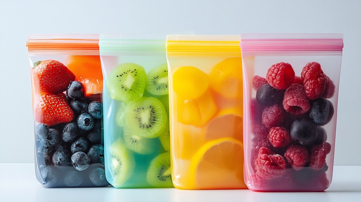 Four reusable silicone zip bags filled with colorful fresh fruits—strawberries and blueberries, kiwi slices, peach slices, and mixed berries—lined up on a white surface