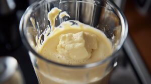 Close-up of a glass blender with a thick vanilla chai smoothie, featuring a chunk of frozen yogurt or banana in the center