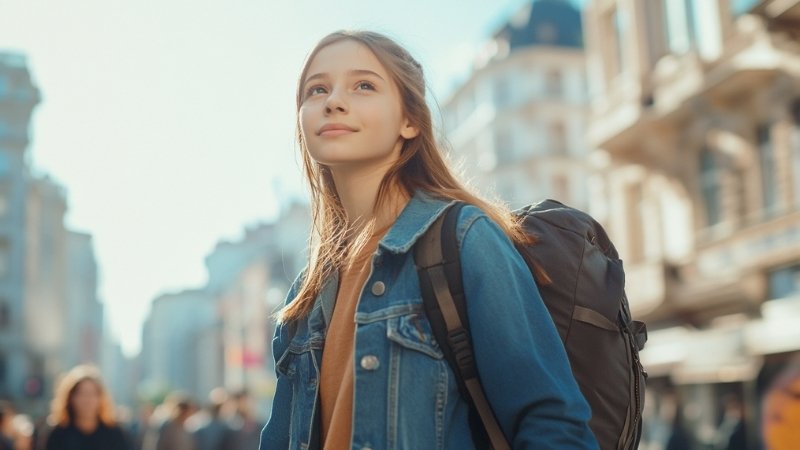 A teenage girl with light brown hair, wearing a denim jacket and carrying a backpack, standing in a busy city street with a soft smile