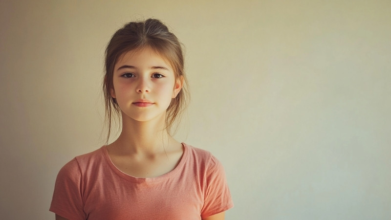 A 15-year-old girl with a calm expression, wearing a salmon-colored t-shirt, standing against a simple beige background