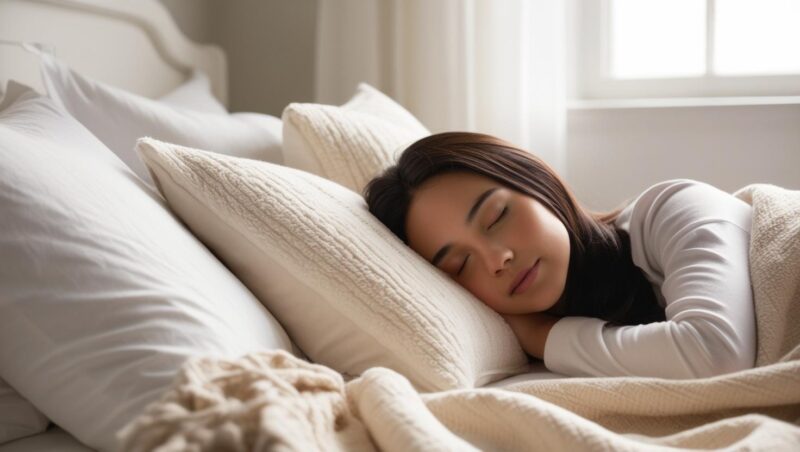 woman is calmly leeping in the bed