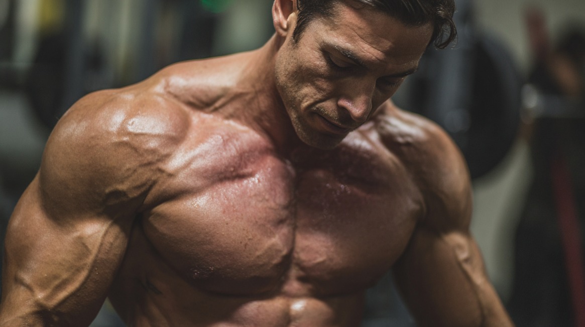 Muscular man looking down, showing a defined chest, shoulders, and arms under gym lighting