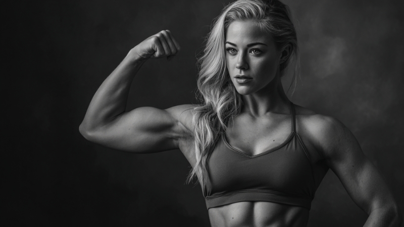 A muscular woman in a sports bra flexes her bicep in a dramatic gym portrait