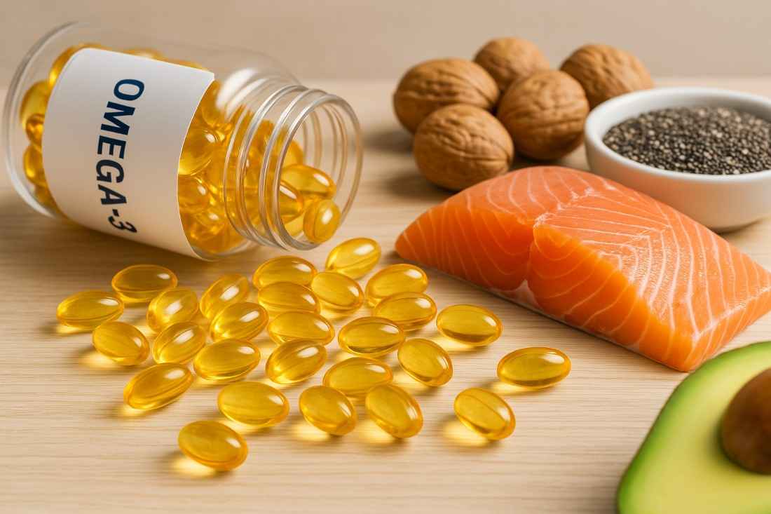 Omega-3 capsules spilled next to salmon, walnuts, chia seeds, and avocado