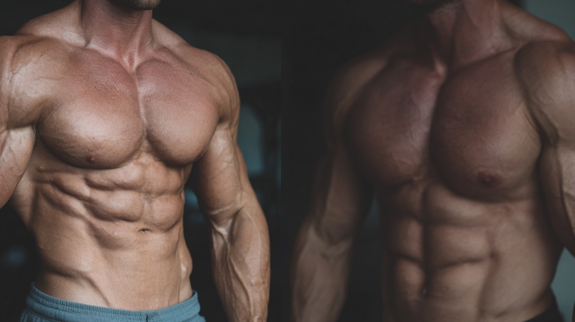 Two side-by-side images showing muscular men with defined chests, abs, and arms
