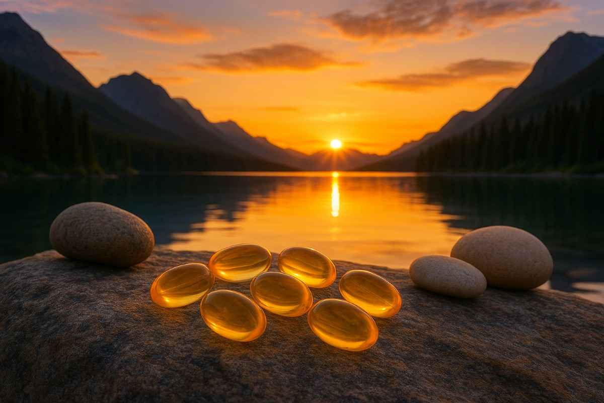 Omega-3 capsules on a rock by a lake at sunset, surrounded by mountains